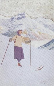 Skiløper i bakkene til Engelberg, Sveits (farge litho) av Carlo Pellegrini