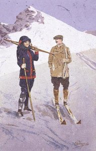 Skiløpere på Adelboden (farge litho) av Carlo Pellegrini