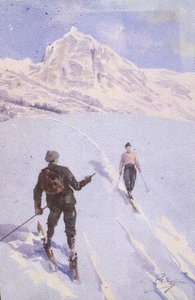 Skiløpere på Mt. Rose, Sveits (farge litho)