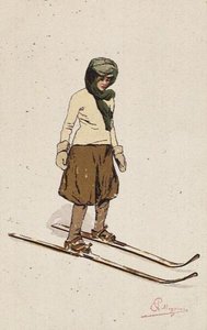 Kvinne på ski (farge litho) av Carlo Pellegrini