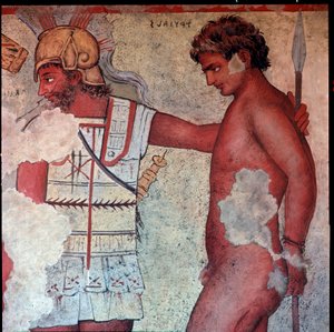 Etruskisk sivilisasjon: "" representasjon av ofringen av trojanske fanger til hyllest til Patroclus""" gjengivelse av Carlo Ruspi (1786-1863) av freskene fra det 4. århundre f.Kr. av Francois-graven til Vulci. Firenze, arkeologisk museum av Carlo Ruspi