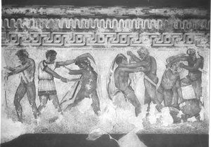 Rekonstruksjon av det etruskiske veggmaleriet i Francois-graven ved Vulci ca. 320-280 f.Kr. (veggmaleri) (se også 212367, 212368 og 214591) av Carlo Ruspi