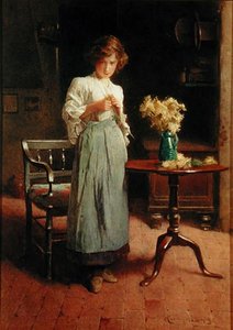 Jente i en hytte ved et bord og en stol (akvarell på papir) av Carlton Alfred Smith