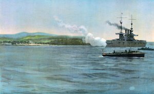 Admiral Sampsons flaggskip, USAs panserkrysser New York, skyter på en kystvakt av spansk kavaleri, utenfor Cabanas, 29. april 1898
