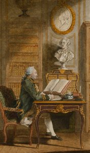 Monsieur de Cormainville i biblioteket hans, skriver ved skrivebordet hans, av Carmontelle