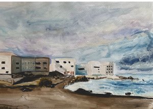 Kystbygninger i stormfullt hav av Carola Cedell