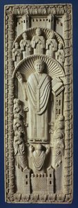 En erkebiskop blant hans kor, ca. 875 e.Kr. (elfenbenspanel) av Carolingian School