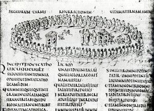 Illustrasjon av en scene fra en av salmene, fra Utrecht Psalter, kopi av originalen fra Reims nå i Utrecht University Library (penn og blekk)