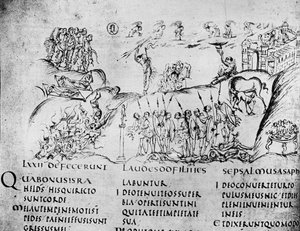 Illustrasjon av forskjellige scener fra en av salmene, fra Utrecht Psalter, kopi av originalen fra Reims nå i Utrecht University Library (penn og blekk)