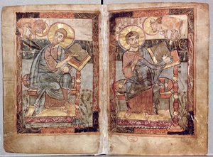 NAL 1203 fol.1v-2 St. Markus og St. Lukas, fra Godescale-evangeliet, ca. 1781-783