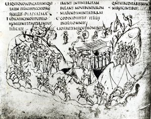 Ulike scener som illustrerer en salme, fra Utrecht Psalter, kopi av originalen fra Reims nå i Utrecht University Library (penn og blekk)