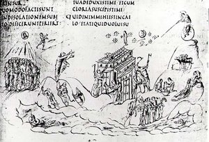 Ulike scener som illustrerer en av salmene, fra Utrecht Psalter, kopi av originalen fra Reims nå i Utrecht University Library (penn og blekk)