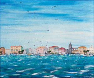 Sea Scene with Houses, 1995 (akryl om bord) av Carolyn Hubbard Ford