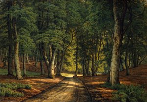 Et skogslandskap med hjort (olje på lerret) av Carsten Henrichsen