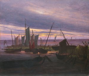 Båter i havnen om kvelden, ca. 1828 av Caspar David Friedrich