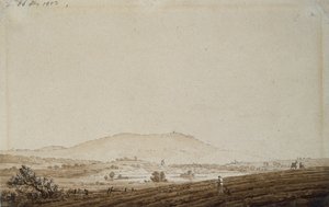 Landskap i Böhmen med utsikt over Mount Jeschken, 1803 (penn- og blekkvask på papir) av Caspar David Friedrich