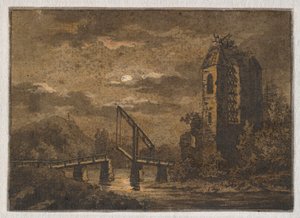 Landskap med vindebro og ruin i måneskinn av Caspar David Friedrich