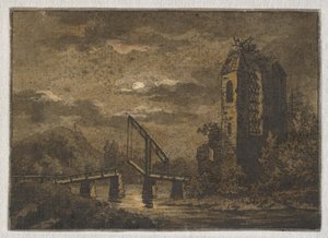 Landskap med vindebro og ruin i måneskinn av Caspar David Friedrich