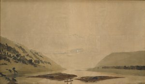 Fjelllandskap med elv om morgenen, 183035 (wc og tempera på gjennomsiktig papir) (par til 265365) av Caspar David Friedrich