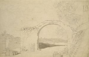 Elvelandskap med bue (uferdig) (blyant, penn og wc på papir) av Caspar David Friedrich