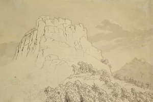 Rocky Hilltop med en Wooded Hill foran (blyant, penn og wc-vask på papir) av Caspar David Friedrich
