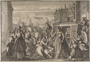 Kvinner som kneler foran dronning Anna i Paris, ber henne om å kutte skatter, 1645 av Caspar Luyken (attributed to)