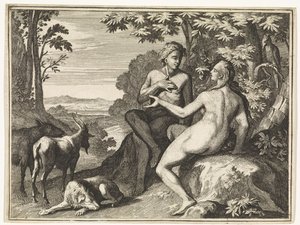 Adam og Eva omgitt av dyrene i paradis av Caspar Luyken