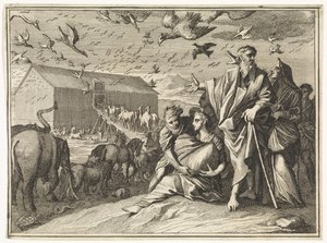 Noah og familien hans begir seg mot arken av Caspar Luyken