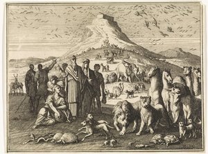 Noah, familien hans og dyrene forlater arken av Caspar Luyken