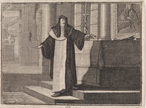 Non legger en nøkkel på et alter foran et bilde av Maria av Caspar Luyken