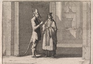 Prest i samtale med djevelen foran inngangen til en kirke av Caspar Luyken