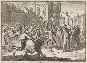 Ved Danzig blir en prosesjon møtt av folket med steiner, 1678 av Caspar Luyken