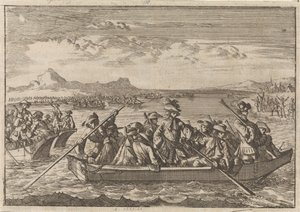 Waldensere jaget fra Savoy vender tilbake til landet sitt i lektere over Genfersjøen, 1689