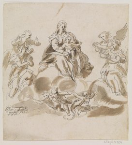 Jomfru Maria med barn i himmelen omgitt av engler og putti av Caspar Menneler