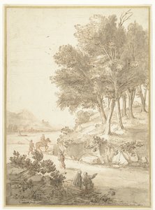 Italiensk landskap med figurer langs en vei og en elv i bakgrunnen av Caspar van Wittel
