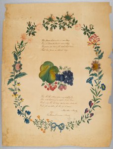 Uten tittel (dikt og dekorativ krans) (wc, grafitt og blekk på papir) av Catherine Emma Manley