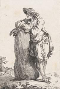 Bonde lener seg på en sekk med korn, 1758. av Catherine Francoise Beauvarlet