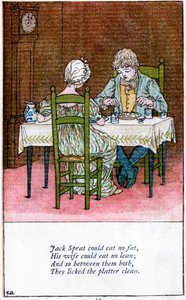 Illustrasjon for "Jack Sprat kunne ikke spise noe fett", Kate Greenaway 1846-1901