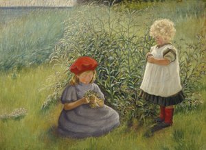 To jenter plukker blomster (olje på lerret) av Cathrine Zernichow