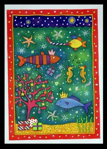 Fishy Christmas, 1997 (wc og pastell på papir) av Cathy Baxter