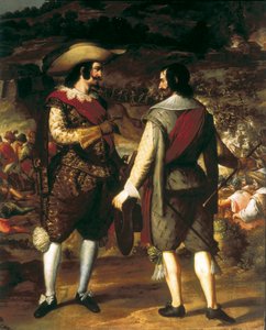 Fangsten av San Juan i Puerto Rico (Puerto Rico) (1625). Detalj. I forgrunnen snakker Don Juan de Haro med assistenten sin. Bak ham festningen bevoktet av spanjolene som tvinger nederlenderne til å forlate. Maleri av Eugenio Caxes eller Cajes (1577-1634) av Caxesi or Caxete Eugenio Caxes