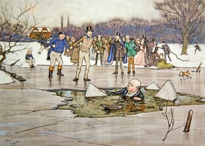 "Et ansikt, hode, skuldre dukket opp fra under vannet og avslørte trekkene og brillene til Mr Pickwick" av Cecil Charles Windsor Aldin
