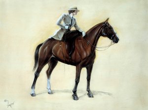 En elegant cavaliere som stiger inn i en Amazonas. Tegning av Cecil Aldin (1870-1935) Privatsamling fra 1800-tallet av Cecil Charles Windsor Aldin