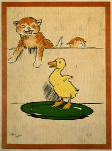 Katter og and. Tegning av Cecil Aldin (1870-1935). Paris, dekorativ kunst av Cecil Charles Windsor Aldin