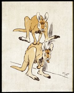 Komiske kenguruer. To kenguruer spiller et sauehopp. av Cecil Charles Windsor Aldin