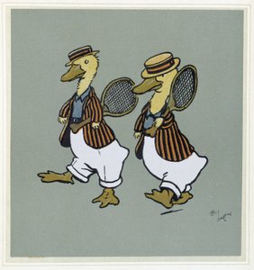 Deux ducks en suit de tennis - i ""Merry Party"", ill. av Cécil Aldin, red. Hodder & Stoughton, London av Cecil Charles Windsor Aldin
