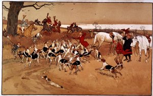 Jakt scene løp; skyting. Gravering av Cecil Aldin (1870 -?), england. Coll. Del av Cecil Charles Windsor Aldin