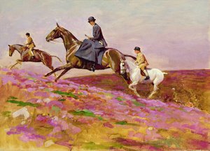 Lady Currie med sønnene Bill og Hamish Hunting på Exmoor (olje på lerret) av Cecil Charles Windsor Aldin