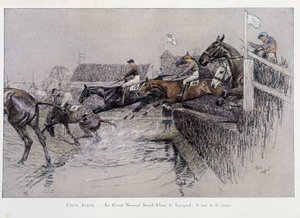 The Grand National Steeple Chase in Liverpool: The Jumping of the River - tegning av Cecil adlin av Cecil Charles Windsor Aldin