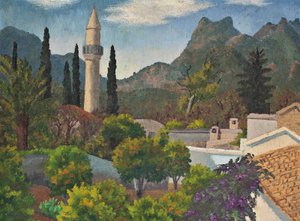 Tyrkisk landsby med moske, Kypros av Cedric Morris